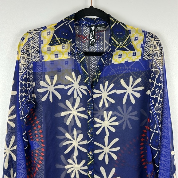 Desigual Artsy Boho Sheer Long Sleeve Button Front Blouse Large Blue Yellow - Picture 3 of 13